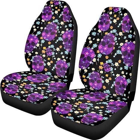 Sugar Skull Car Seat Covers Full Set, Mexico Day of Dead Front Seat Covers Set for Women Full Set Mexican Ethnic Purple Floral Skull Seat Protectors for SUV Truck - sugar skull car pet seat cover