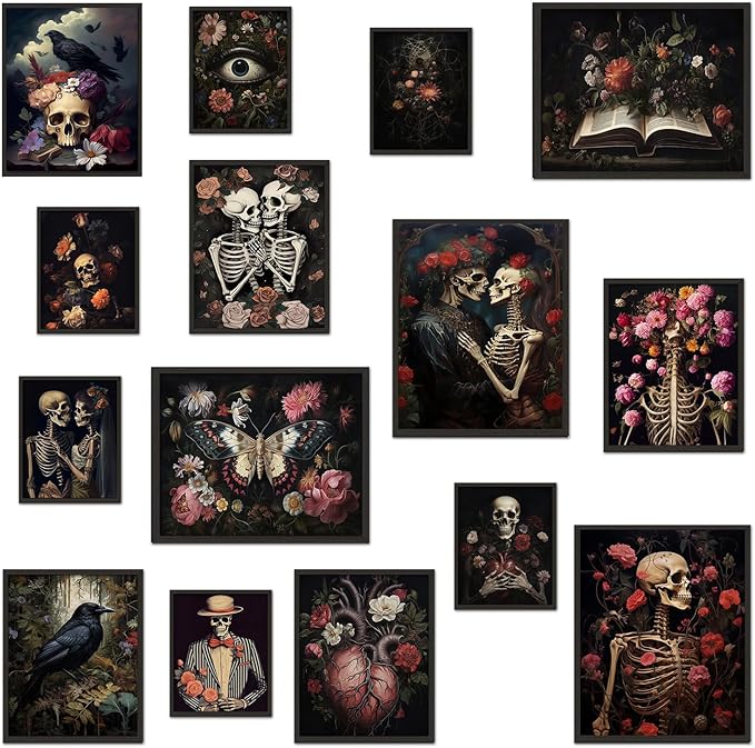 TRAMIN Romantic Gothic Wall Art, Goth Wall Art Prints, Dark Raven Skull Poster, Floral Gothic Decor For Bedroom, Moody Halloween Decor Aesthetic Picture for Home (Unframed) - sugar skull poster print