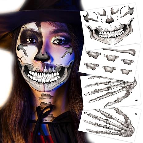 Classic Skull Temporary Face Tattoo Halloween Costume for Men and Women - sugar skull temporary tattoo