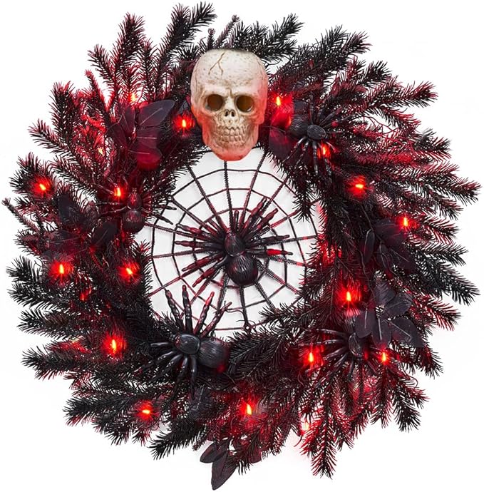 22" Halloween Wreath with Lights, Black Twig Wreath with Scary Skull and Spider, Artificial Halloween Party Decorations for Front Door Indoor Outdoor Wall Window Porch - sugar skull wreath for front door