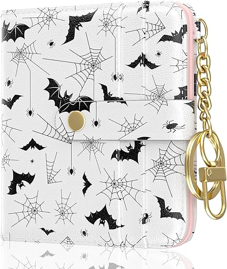 Womens Wallet, RFID Small Wallets for Women, Slim Compact Credit Card Holder, Cute Leather Bifold Ladies Purse with Zipper Coin Pocket and ID Window, Gothic Bats - sugar skull wallets for women
