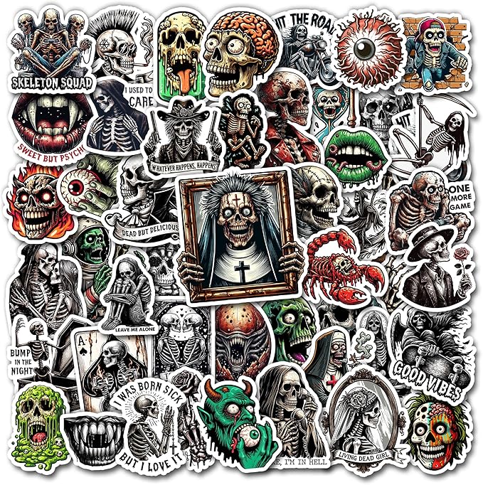 Pack 50 PCS Horror Goth Skull Stickers Halloween Scream Vinyl Decals Waterproof Decor Water Bottles Laptop Skateboard Bike Helmet Scrapbook Luggage Gift for Teens Adults - sugar skull vinyl sticker