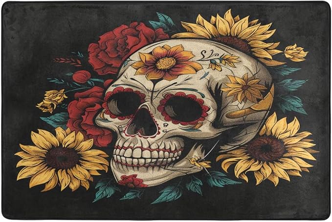 ALAZA Sugar Skull Peonies and Sunflowers Area Rugs Non-Slip Floor Mat for Living Room Bedroom Home Decor,36 x 24 inches - sugar skull floor mat