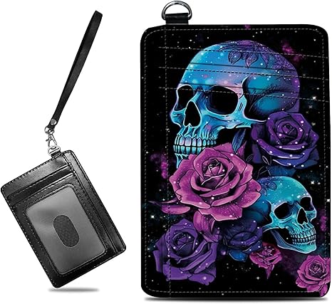 Small Travel Wallets, Neon Sugar Skull Slim Minimalist Front Pocket Wallet with Wristlet, RFID Blocking PU Leather Credit Card Holder with ID Window Change Purse for Men Women - sugar skull wallets for women