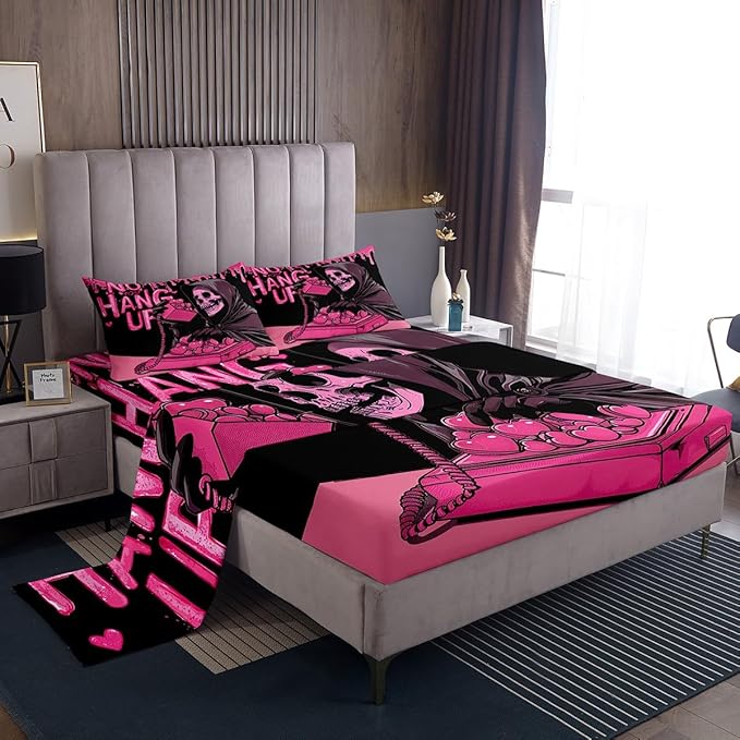 jejeloiu Kids Sugar Skull Sheet Set Full Size Boys Girls Love Heart Sheets with Deep Pocket Fitted Sheet Halloween Theme Bed Sheets Set Call Phone Bedding Set - sugar skull throw pillow