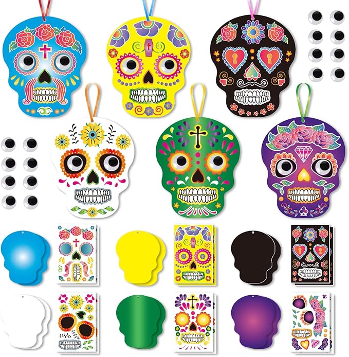 ABTOLS 12 Sets Day of The Dead Sugar Skull Stickers Crafts Kits, Dia De Los Muertos Crafts DIY Colorful Skeleton Hanging Ornament with Rope for Halloween Mexican Fiesta Party Decorations Supplies - sugar skull christmas ornament