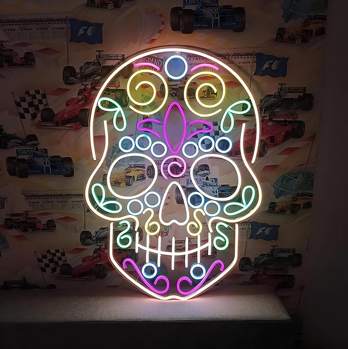 Sugar Skull Neon Signs for Wall Decor,Dimmable Skull Day of the Dead Neon Light,USB Powered for Halloween Bedroom Gaming Room Man Cave Bar Birthday Gifts, 25.6"x18.1" - sugar skull garden decor