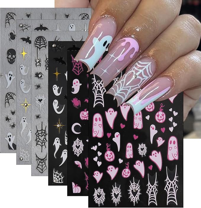 6 Sheets Halloween Ghost and Spider Art Stickers - Pink White With Rhinestones Design - 3D Self-Adhesive Web Nail Decals - Bat Skull Supplies for Halloween Decoration - sugar skull nail art