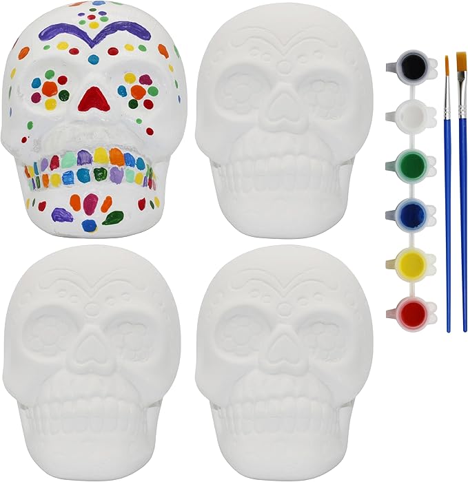 Creative Hobbies 4 Pack of Ready to Paint Ceramic Bisque Sugar Skull Shape Halloween Figurines - Includes Paint, Brushes and How to Guide | Sugar Skull - sugar skull christmas ornament