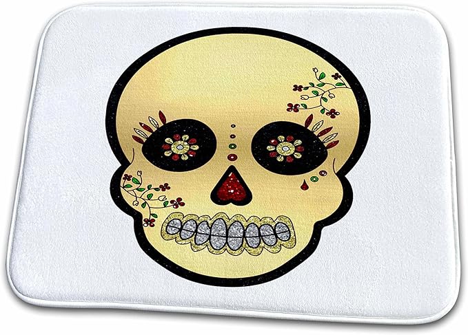 3dRose Bathroom Bath Rug Mat - Sugar Skull Faux Printed Glitter and Gold Designs Day of The Dead - sugar skull toilet mat set