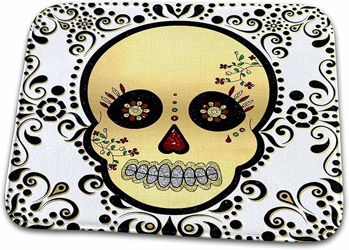 3dRose Bathroom Bath Rug Mat - Sugar Skull Gold and Black Designs Day of The Dead - sugar skull toilet mat set