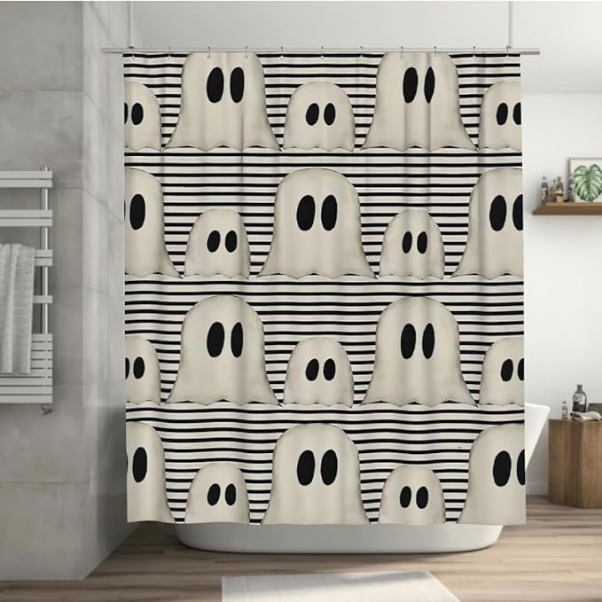 Ghost Shower Curtain Spooky Shower Curtain Halloween Spooky Bathroom Curtain Cute Funny Cartoon Ghosts Black and White Decor Bathroom Curtains 72x72 inch - sugar skull shower curtain set