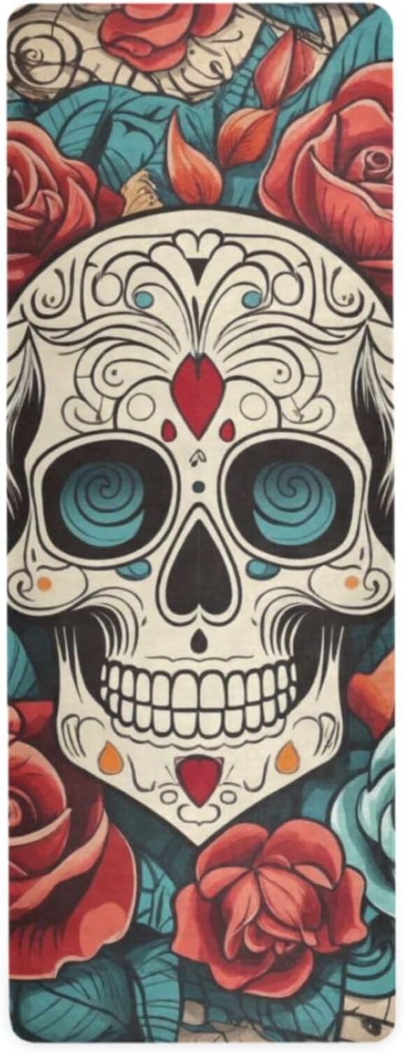 Skull Tattoo Yoga Mat, 71 x 26 Inch Non-slip Yoga Mats Folding Travel Exercise Mat Indoor Outdoor Gym Pilates with Storage Bag for Women Men - sugar skull yoga mat
