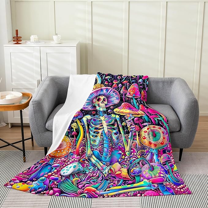 Castle Fairy Trippy Mushroom Skull Throw Blanket Lightweight Boho Jungle Botanical Fleece Blanket Halloween Sugar Skeleton Bed Blanket Cute Mushrooms Flannel Blanket Bedroom Decor Twin 60x80 - sugar skull throw blanket