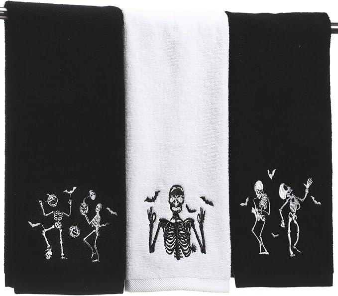 Oudain 3 Pcs Halloween Hand Towels Cotton for Bathroom Set Embroidery 14'' x 29'' Ghost Skull Skeletons Kitchen Decor Spider Pumpkin Dish Tea Fingertip Towel for Table(Skull,Black) - sugar skull beach towel