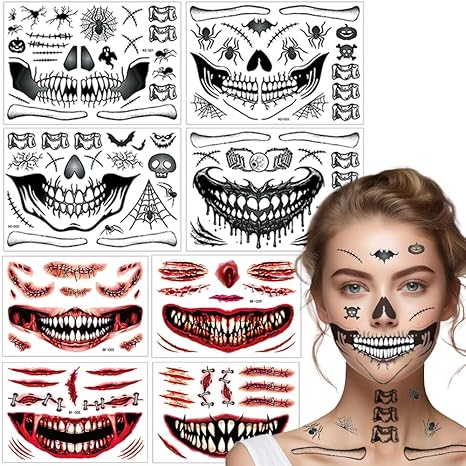 Halloween Makeup Temporary Halloween Tattoos Stickers Prank Chucky Witch Fake Face Decals Zombie Makeup Scar Skeletons Cosplay Tattoos for Adults Women Girls Kids DIY Eye Mouth Clown Makeup Kit Party - sugar skull temporary tattoo