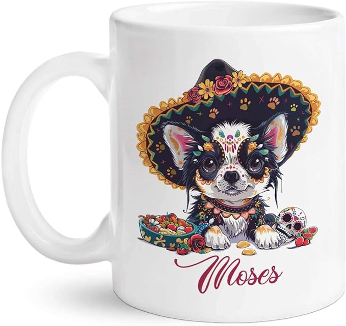 Cute Dog And Sugar Skull Coffee Mug, Personalized Pet Lovers White Ceramic Mug, Customized Dia De Los Muertos Keepsake Mug, Custom Name Cup Gift On Mexican Holiday, Skull Mug 11oz - sugar skull coffee cup