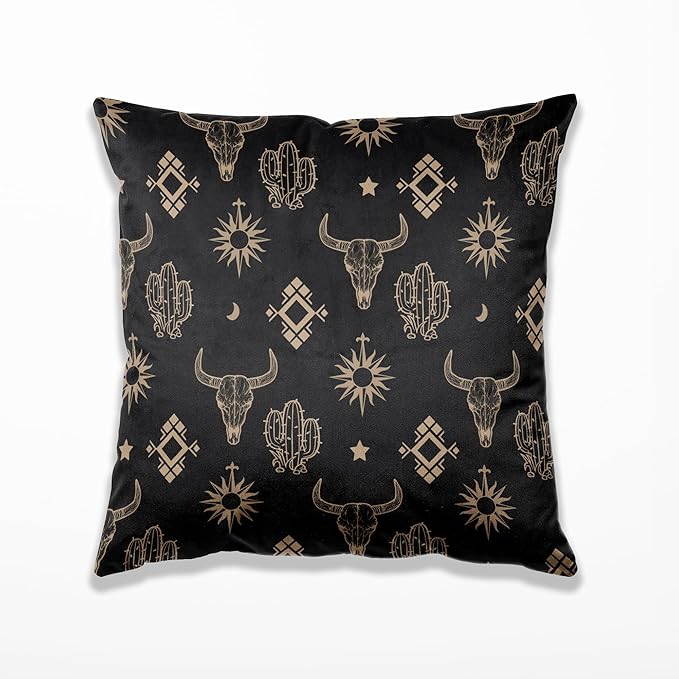 Western Cow Bull Longhorn Skull Pillow Cover for Bed 18 x 18,Western Throw Pillow Covers for Bed,Western Gifts for Women,Cowhide Howdy Pillow,Boho Aztec Cow Skull Bedroom Decor - sugar skull throw pillow