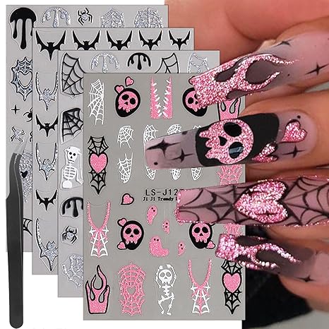 8 Sheets Halloween Nail Decals for Nail Art Scary Bat Spider Web Nail Art Stickers Silver Spider Pink Glitter Skull Nail Stickers 3D Self-Adhesive Skeleton Pumpkin Nail Design Decals for Women Girls - sugar skull nail art