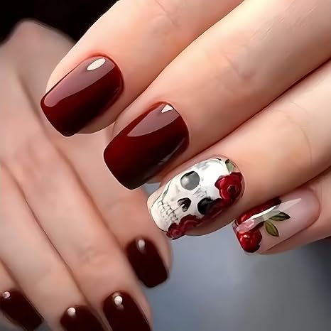 Halloween Press on Nails Skeleton Square Fake Nails with Flowers Designs Red Glossy Acrylic Nails Full Cover Halloween Skull Stick on Nails for Women Nails Manicure Decoration 24 Pcs - sugar skull nail art