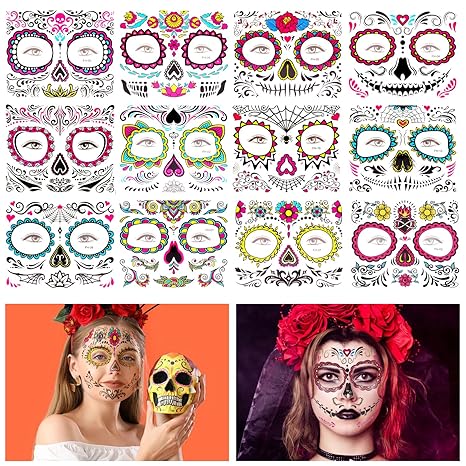 12 Sheet Day of the Dead Face Tattoos, Halloween Temporary Tattoos Face Sticker Skeleton Sugar Skull Fake Tattoos for Halloween, Masquerade and Parties - sugar skull temporary tattoo