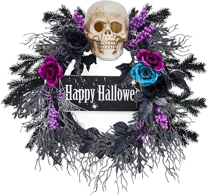 22 in Halloween Wreath for Front Door, Halloween Skull Wreath with Lights, Spooky Halloween Wreaths with Black, Blue, Purple Flowers, Indoor/Covered Outdoor Halloween Props Decoration - sugar skull wreath for front door
