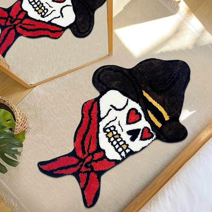 Skull Rug Halloween Gothic Skull Head Bedroom Rug Extra Large Funny Cool Bathroom Rugs Fun Heart Eyes Aesthetic Area Rug Tufted Quick Dry Non Slip Bath Mats, 2.5x4FT - sugar skull area rug