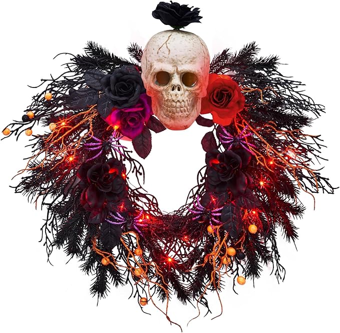 20" Halloween Wreath for Front Door With Spider, Scary Skull, Rose, Red and Black Decor - Artificial Wreath With Lights for Window Wall Party Holiday - sugar skull wreath for front door