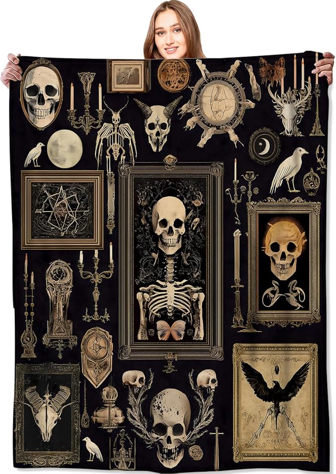 Gothic Skull Witchy Blanket Goth Skeleton Vintage Picture Frame Throw Blankets,Gifts for Kids Adult Women Men,Lightweight Soft Fleece,Horror Lovers,Sofa Couch Bed Room Halloween Decor 50x60in - sugar skull throw blanket