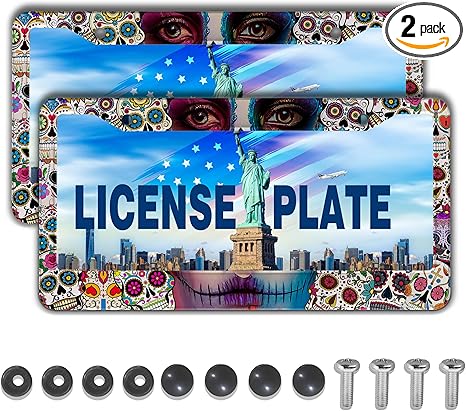 License Plate Frames for Women Multicolor Plate Cover for Men Sugar Skull Universal Aluminum Car Accessory 2 Pack with Screw Covers Set - sugar skull plates set