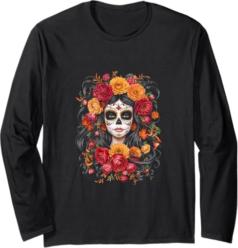 Sugar Skull Floral Catrina - sugar skull long sleeve shirt mens