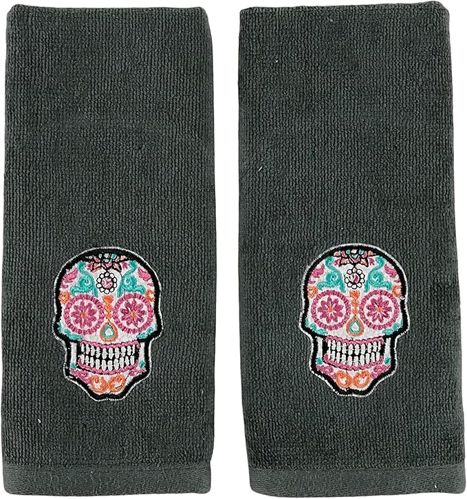 Halloween Bathroom Fingertip Towels Set of 2 – Day of The Dead Día de Los Muertos Sugar Skull Decor 100% Cotton- 11" x 18" Embroidered Gray Plush Decorative Holiday Decor - sugar skull beach towel