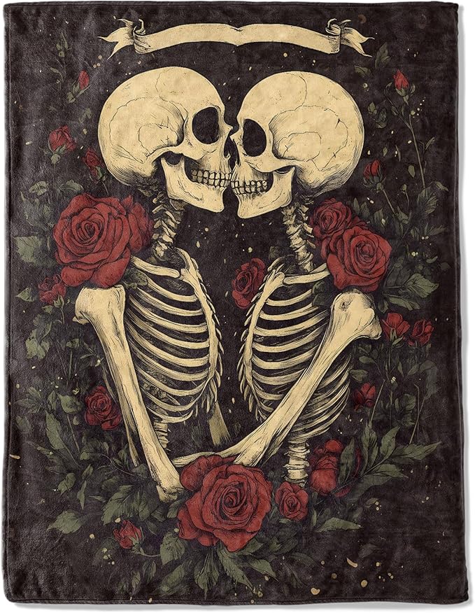 Skull Skeleton and Rose Flannel Blanket - Lightweight Soft Cozy Gifts Blankets for Horror Lovers, Men,Women,Gothic Romantic Dark Style Throw,Home Room Modern Halloween Decor 50x60in - sugar skull throw blanket