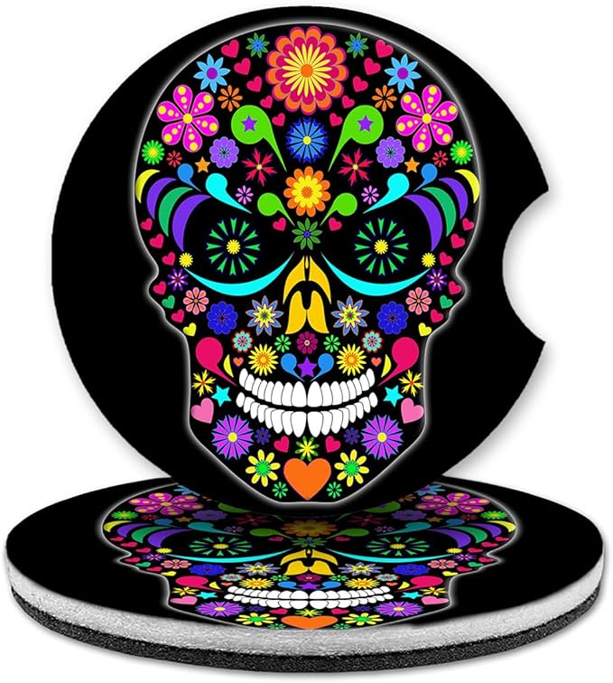 Art Plates - Super Absorbent Car Coasters - Set of Two, 3 Inch Round, Trim-to-Fit Cup Holder Coasters - Thin & Flexible - Ideal for All Car and Truck Models - Multi Color Sugar Skull - Made in USA - sugar skull coasters set