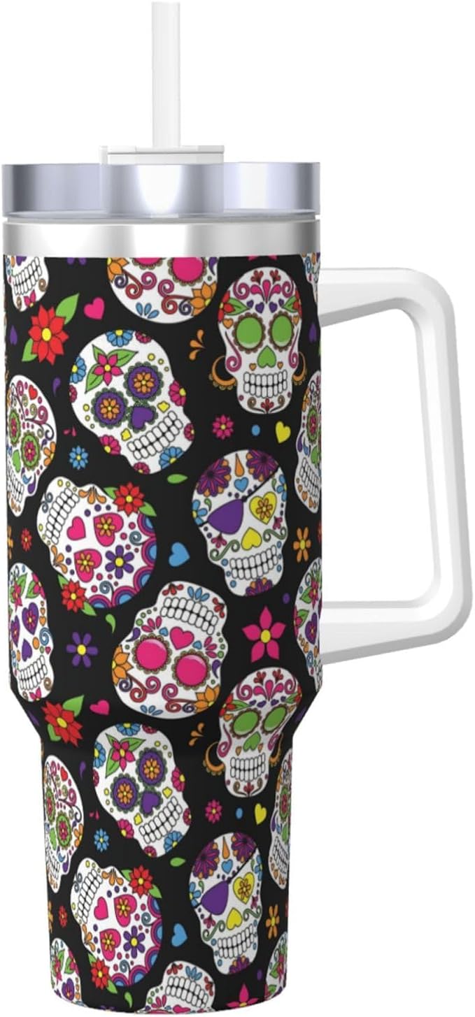 Day Of The Dead Sugar Skull 40 Oz Tumbler With Handle And Straw Lid, Insulated Reusable Stainless Steel Travel Mug Iced Tea Or Coffee, Smoothie And More - sugar skull tumbler with straw