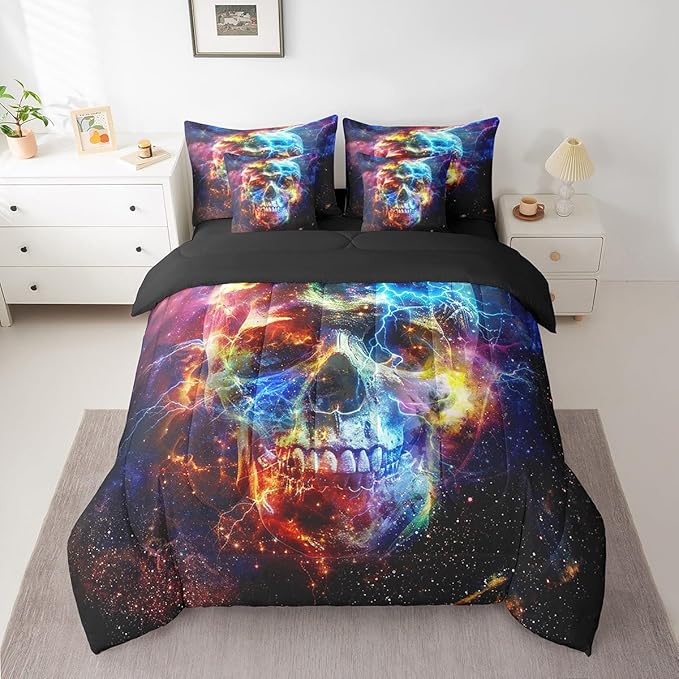 Feelyou Full Comforter Set 7 Pcs Sugar Skull Comforter Colorful Galaxy Bed in a Bag Kids Women Men Skull Bedding Set Starry Sky Decor Bed Set with Sheets, Pillowcases, Pillow Covers Skeleton Design - sugar skull bedding set
