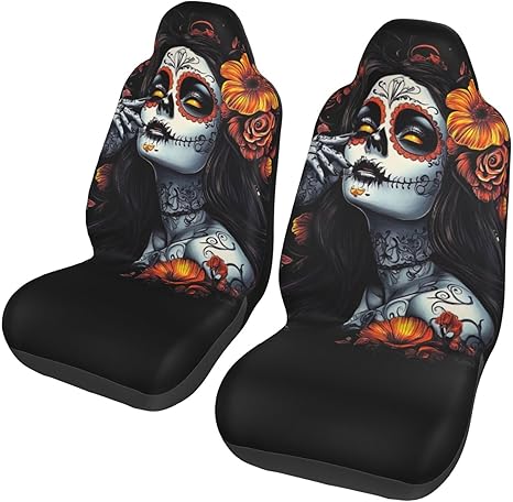 Sugar Skull Girl Skull Car Seat Covers 2 Pcs Set Vehicle Front Seats Protector Auto Interior Accessories Protetors Car Mat Covers Universal fit for Cars Trailer RV SUVs Trucks Vans - sugar skull car seat covers set