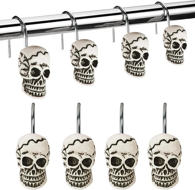 Halloween Shower Curtain Hooks, Skull Decorative Shower Curtain Rings for Bathroom Decor, 12 Pack Skeleton Rust-Resistant Stainless Steel Shower Hooks Hangers - sugar skull shower curtain set