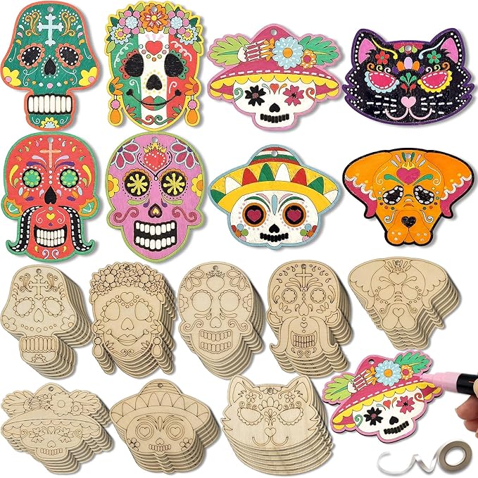 Generic 48-Piece Day of The Dead Sugar Skull Craft Kit - Unfinished Wooden Ornaments - DIY Paint & Hang - Adults - sugar skull christmas ornament