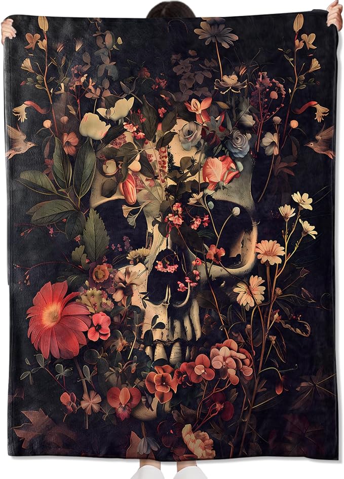 Gothic Floral Skull Blanket Gifts for Kids Adult Women,Dark and Moody Goth Flannel Throw Blankets,Soft Comfy Lightweight for Halloween Couch Bed Artistic Modern Decor,Horror Lovers 60x50in - sugar skull throw blanket