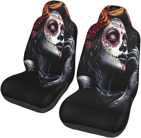 Sugar Skull Girl Black Car Seat Covers 2 Pcs Set Vehicle Front Seats Protector Auto Interior Accessories Protetors Car Mat Covers Universal fit for Cars Trailer RV SUVs Trucks Vans - sugar skull car floor mats
