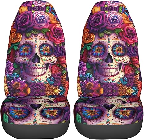 Colorful Sugar Skull Head Car Seat Covers Set 2 Pcs Auto Interior Car Accessories Protetors Car Mat Covers Universal Fit Most Car SUV Van Truck Vehicle - sugar skull car seat covers set