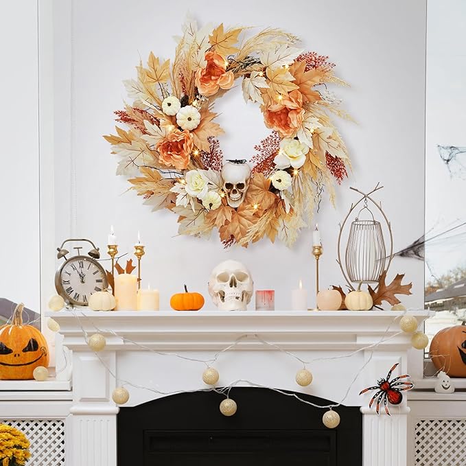 LinTimes Halloween Wreaths for Front Door with Lights, 22 Inch Prelit Skull Wreath with White Pumpkins Rose Maple Leaves for Indoor Outdoor Wall Window Front Door Porch Mantle Halloween Decoration - sugar skull wreath for front door