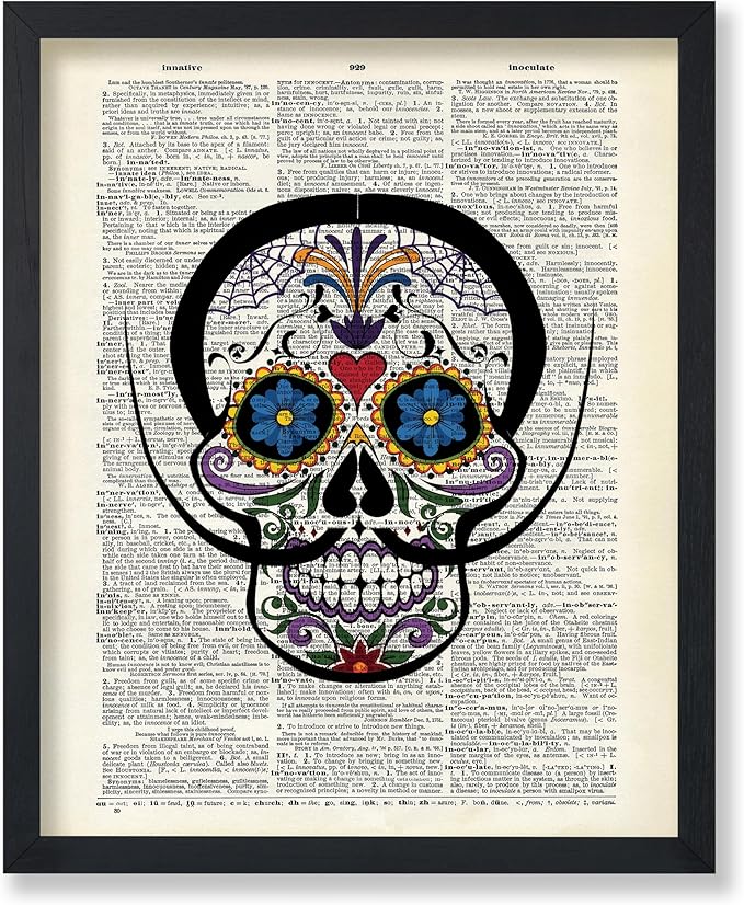 Monem Art Dictionary Art Poster - Sugar Skull with Mustache Print - Tattoo Art - Day of the Dead Art - Gift for Men, Women - Gothic Decor for Bedroom, Living Room, Office - 8x10 UNFRAMED Wall Art - sugar skull poster print