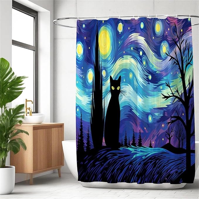 The Starry Night Shower Curtain Wall Decor,Funny Black Cat Shower Curtains for Bathroom,Cats Lovers Gifts,Aesthetic Waterproof Polyester Bath Art Decorative,72x72 in - sugar skull shower curtain set