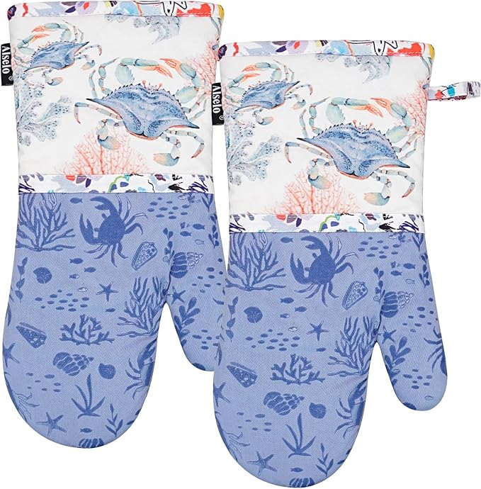 Oven Mitts, Heat Resistant with Soft Quilted Cotton Lining Set of 2, Fashion Crab Design with Silicone Printing Anti-Slip Kitchen Gloves for Safe Backing Cooking Barbecue (Lilac,Crab) - sugar skull oven mitts