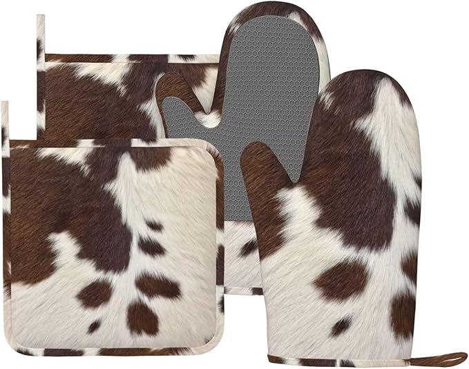 Cow Print Oven Mitts and Pot Holders Set Silicone Heat Resistant Brown Cowhide Western Farmhouse Kitchen Gloves Set Cow Print Kitchen Mittens Pot Holders for BBQ Cooking Baking Grilling - sugar skull oven mitts