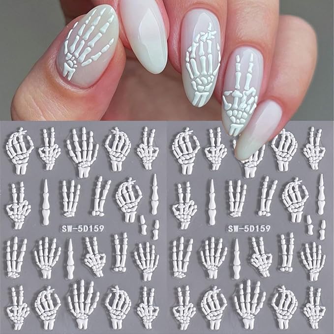 2Pcs Halloween Nail Art Stickers Skull Nail Decals 5D Embossed with Fantasy Bone Skeleton Design Nail Stickers White Hand Finger Bones Nail Art Supplies Adhesive Nail Stickers for Nail Art for Women - sugar skull nail art