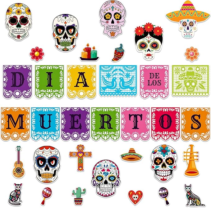 JUESMOS Day of The Dead Decorations Sugar Skull Cutouts Halloween Decor Dia De Los Muertos Colorful Skull Cutouts for Kids Students Classroom Bulletin Board Wall Decor Mexican Fiesta Party Supplies - sugar skull christmas ornament