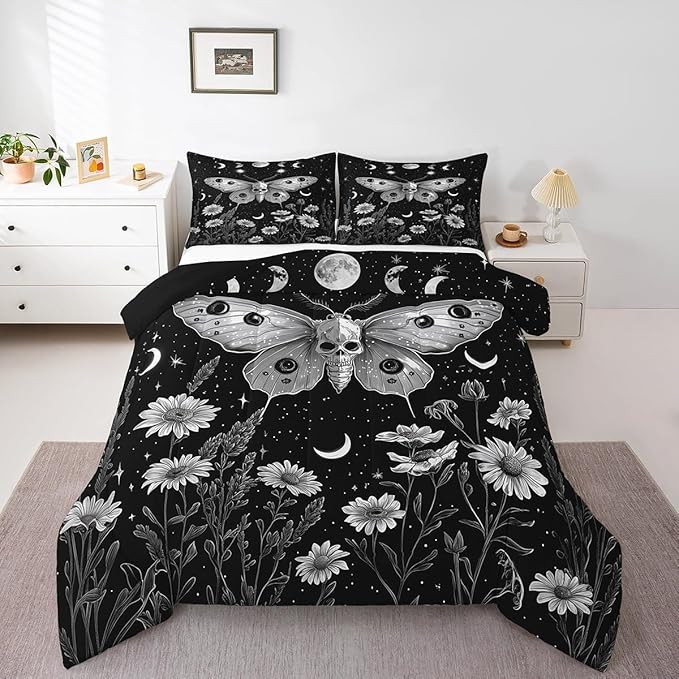 Erosebridal Boys Gothic Moth Quilt, Bohemian Trippy Sun Moon Comforter Set Halloween Sugar Skull Bedding Set for Kids Girls Teens, Boho Exotic Floral Quilted Duvet Full with 2 Pillow Cases, Black - sugar skull bedding set